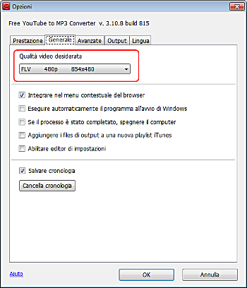 Free YouTube to MP3 Converter: imposta le opzioni