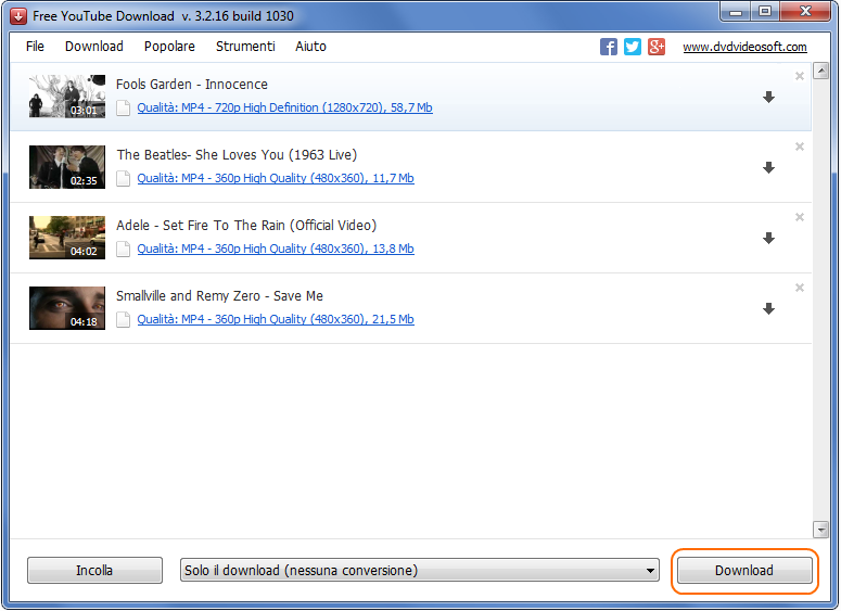 Free YouTube Download: seleziona il formato di output