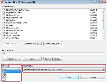 Free Audio CD To MP3 Converter: seleccionar configuração dos arquivos de saída