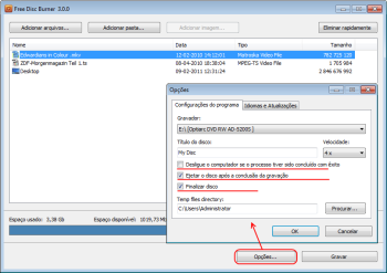 Free Disc Burner: configurar opções