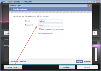 Free Uploader for Facebook: entrar na conta de Facebook