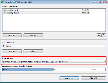 Free Video to DVD Converter: selecciona a configuração dos arquivos de saída