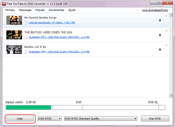 Free YouTube to DVD Converter: acrescentar enlaces de vídeo de YouTube