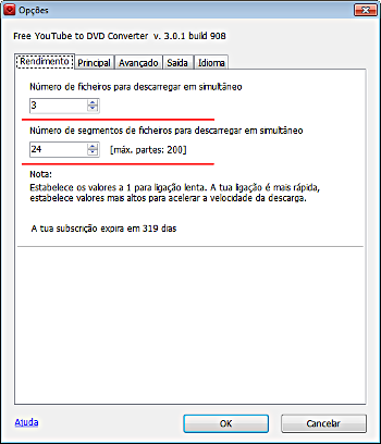 Free YouTube to DVD Converter: configurar opções