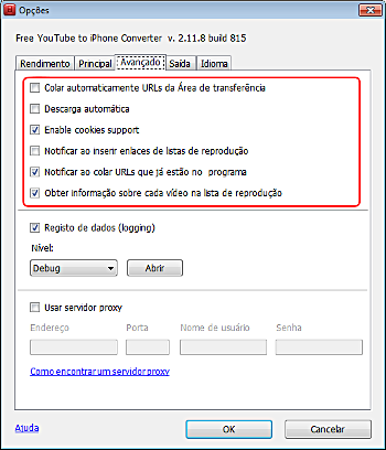 Free YouTube to iPhone Converter: configurar opções