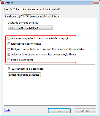 Free YouTube to iPod Converter: configurar opções