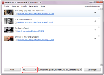 Free YouTube to MP3 Converter: selecionar o formato de saída