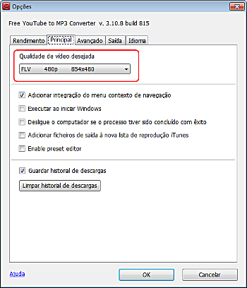 Free YouTube to MP3 Converter: configurar opções