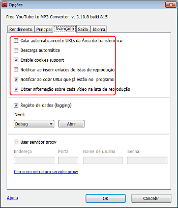 Free YouTube to MP3 Converter: configurar opções