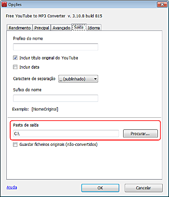 Free YouTube to MP3 Converter: configurar opções