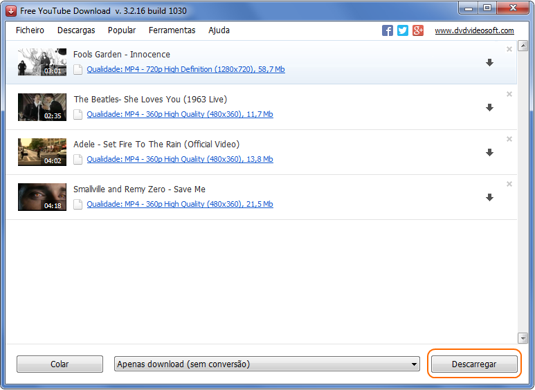 Free YouTube Download: selecionar o formato de saída