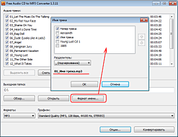 Free Audio CD To MP3 Converter: установите формат имени файла