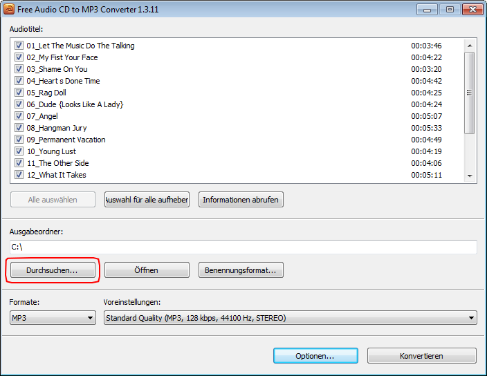 Free Audio CD to MP3 Converter: Speicherordner auswählen