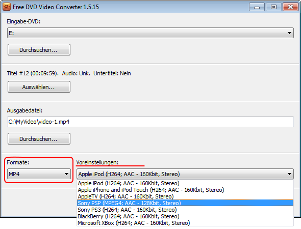 Free DVD Video Converter: Voreinstellungen für Ausgabeformat auswählen
