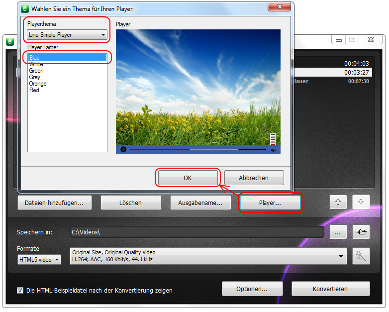 Free HTML5 Video Player and Converter: Player auswählen