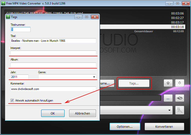Free MP4 Video Converter: MP4-Tags einstellen