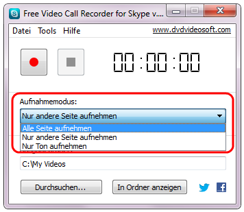 Free Video Call Recorder for Skype: Modus auswählen
