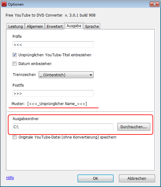 Free YouTube to DVD Converter: Einstellungsoptionen