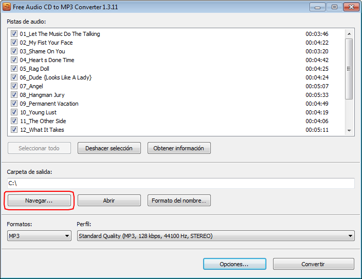 Free Audio CD To MP3 Converter: seleccionar la ubicación del archivo de salida