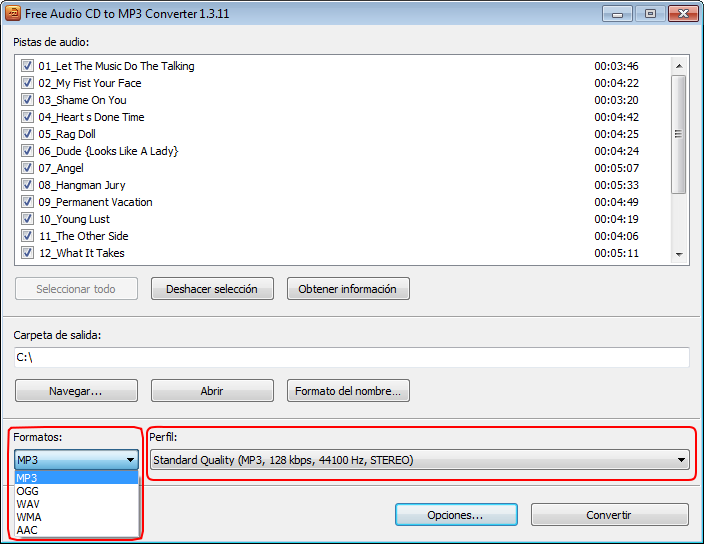 Free Audio CD To MP3 Converter: seleccionar configuración de los archivos de salida