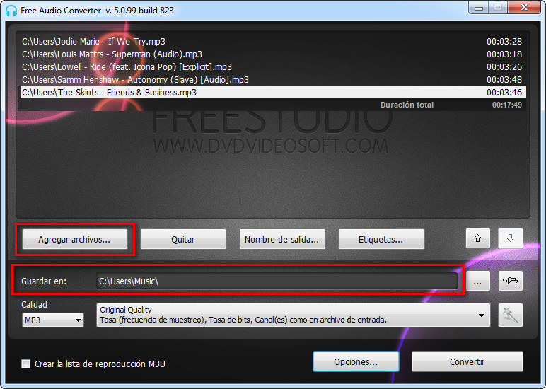 Free Audio Converter: elige los archivos de entrada y la carpeta de salida