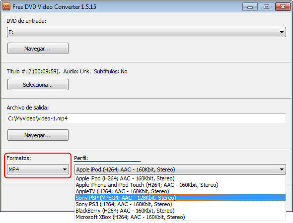 Free DVD Video Converter: seleccionar perfil de formato de salida