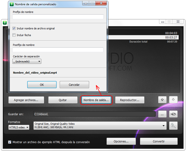 Free HTML5 Video Player and Converter: para cambiar nombre del archivo haz clic en el botón "Nombre de salida…"