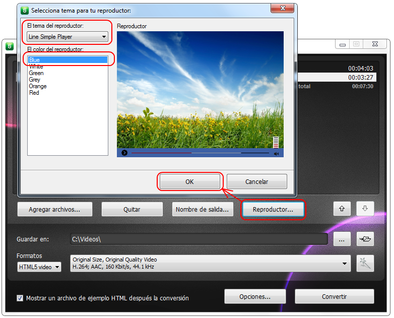 Free HTML5 Video Player and Converter: selecciona un reproductor