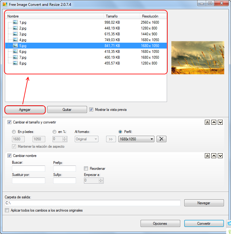 Free Image Convert and Resize: seleccionar archivos de entrada