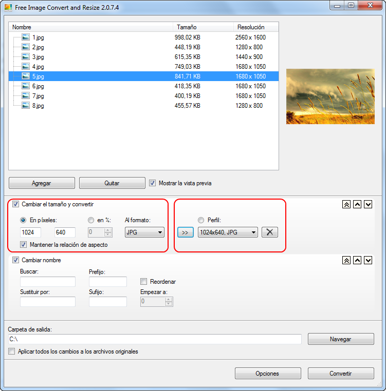Free Image Convert and Resize: seleccionar dimensiones de la imagen y formato de salida