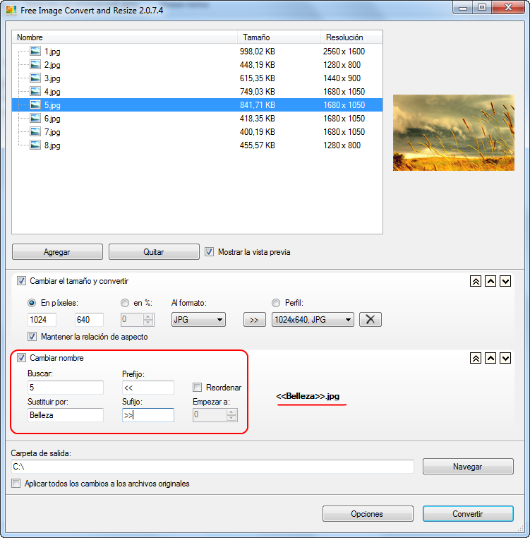 Free Image Convert and Resize: seleccionar el nombre del archivo de salida