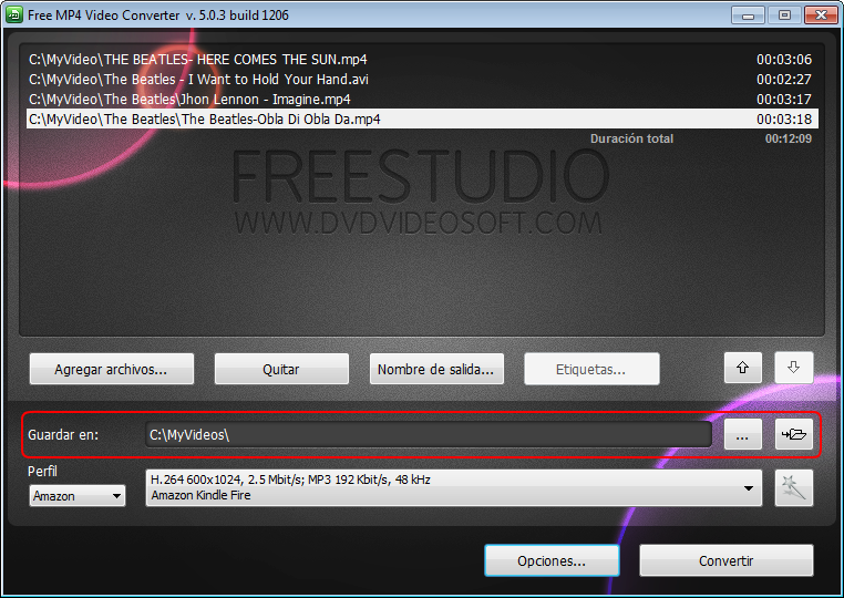 Free MP4 Video Converter: seleccionar la ubicación del archivo de salida