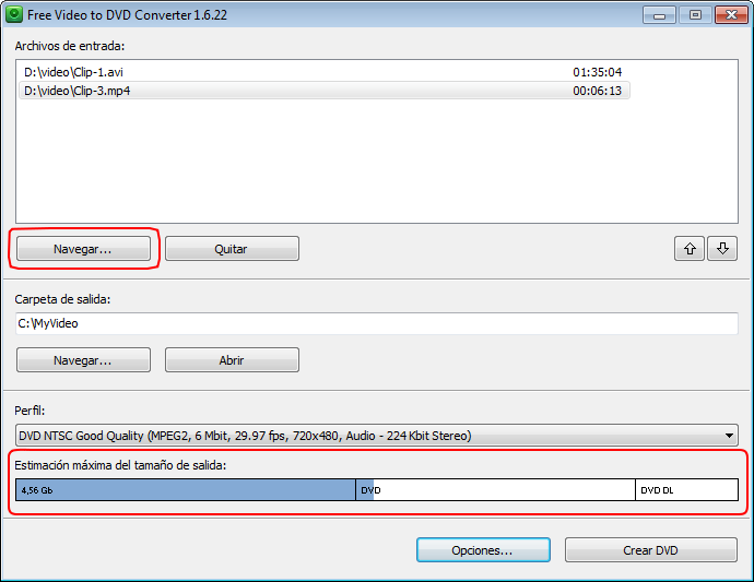 Free Video to DVD Converter: seleccionar un archivo(s) de vídeo de entrada