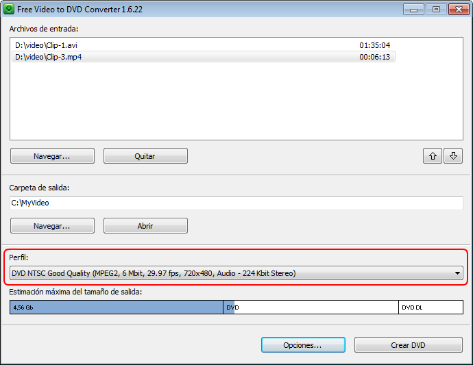 Free Video to DVD Converter: selecciona configuración de los archivos de salida