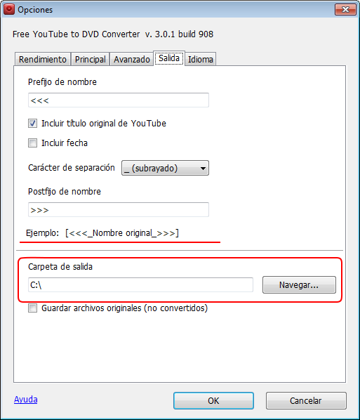 Free YouTube to DVD Converter: configurar las opciones