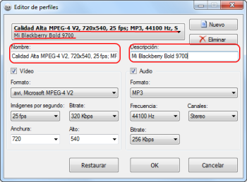 Preset Editor: definir nombre y descripción del perfil