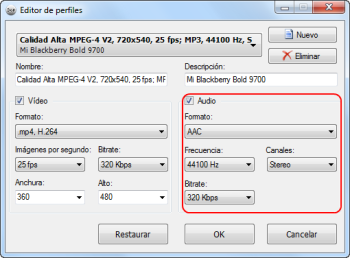 Preset Editor: definir configuración de audio