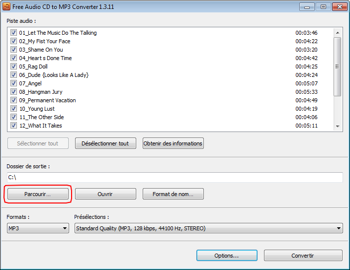 Free Audio CD To MP3 Converter: sélectionnez les options de sortie