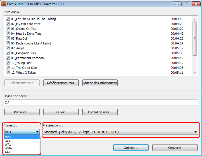 Free Audio CD To MP3 Converter: sélectionnez le profil de sortie