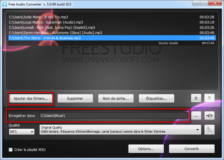 Free Audio Converter: sélectionner le(s) fichier(s) audio à convertir et le dossier de destination