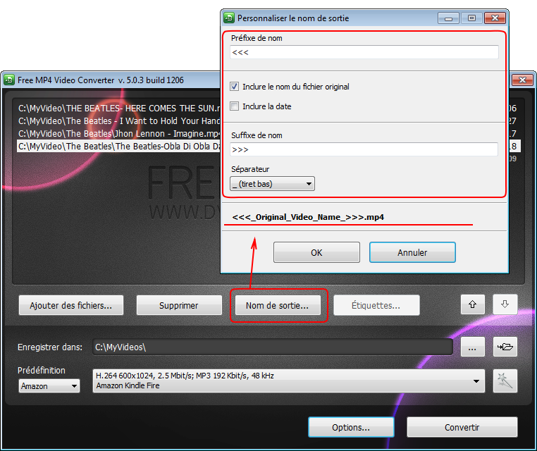 Free MP4 Video Converter: établissez le nom du fichier de sortie