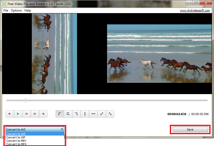 Free Video Flip and Rotate: sélectionner le format de sortir et sauvegarder la vidéo