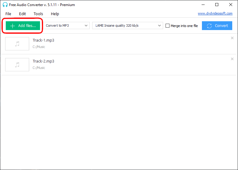Free Audio Converter: choose input audio file(s) and output folder