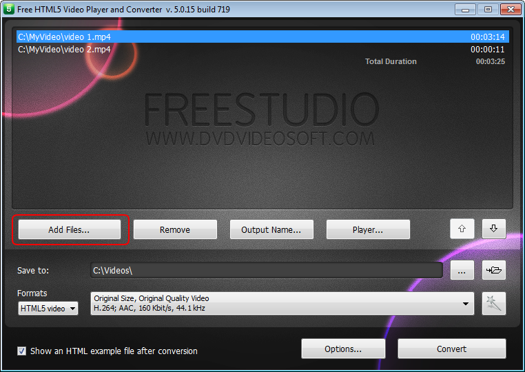 Free HTML5 Video Player and Converter: select input file