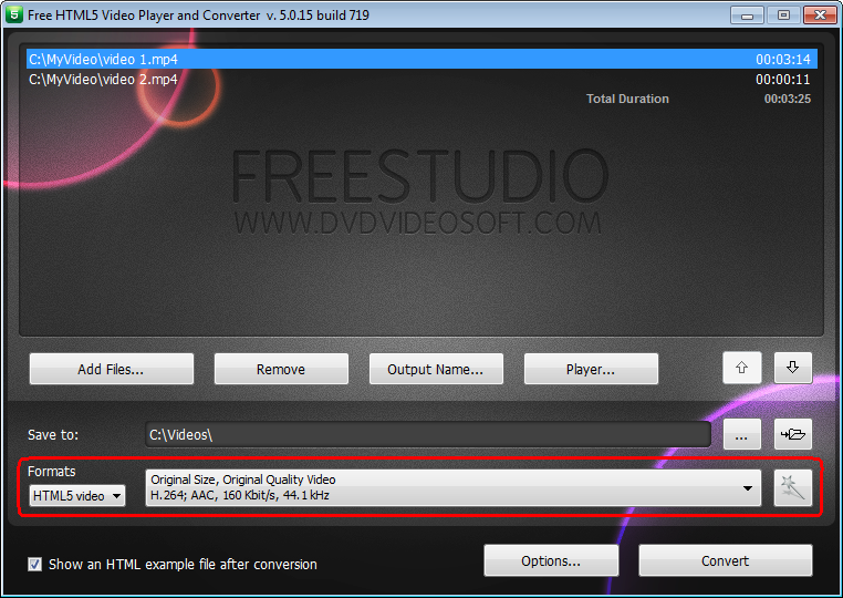 Free HTML5 Video Player and Converter: select presets