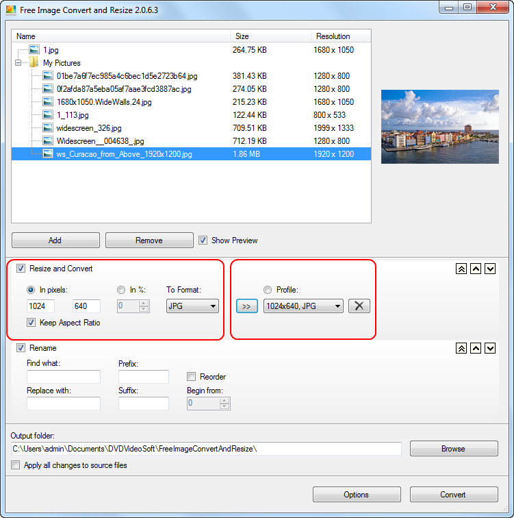 Free Image Convert and Resize: set the output image dimensions and file format