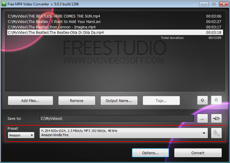 Free MP4 Video Converter: select presets