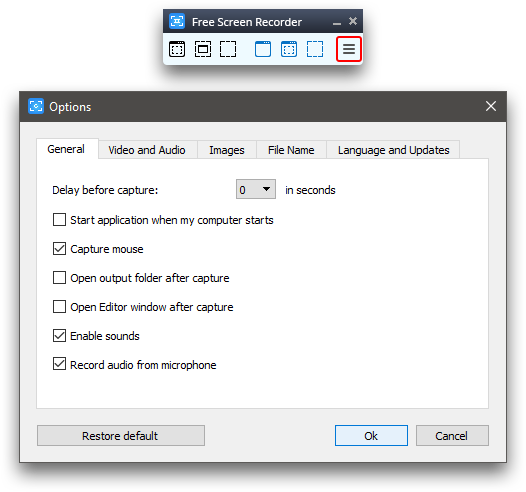 Free Screen Video Recorder: configurar opciones