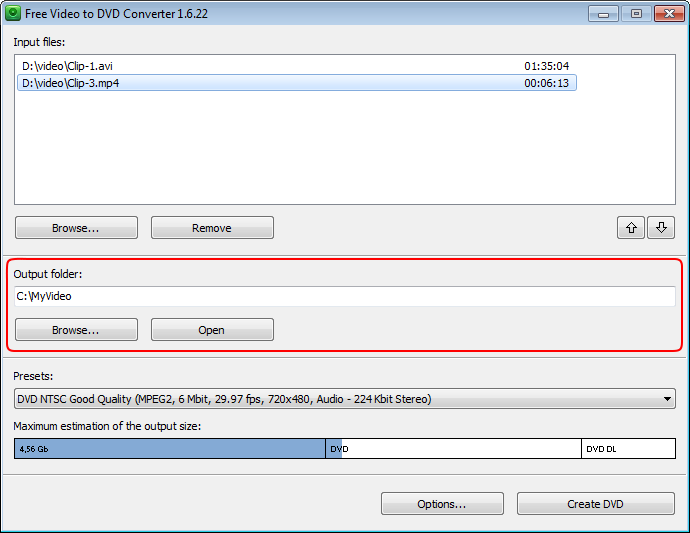 Free Video to DVD Converter: select output location