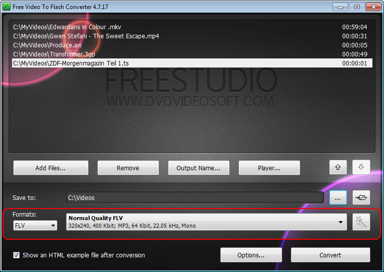 Free Video to Flash Converter: select presets